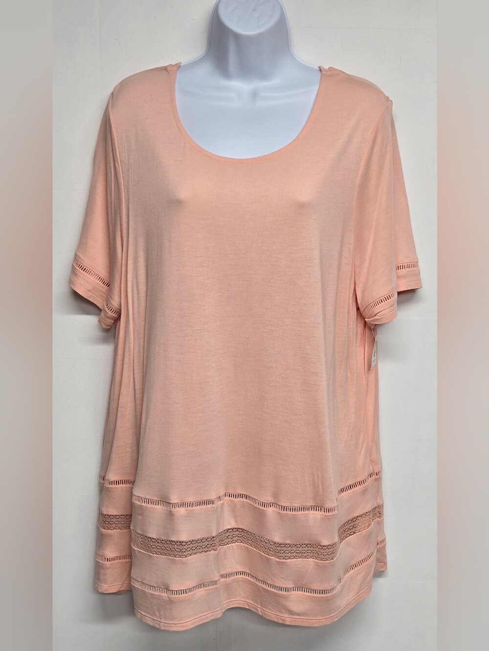 Old Navy XL Top Silky Stretch Knit Ladder Stitch Lace Peach Short Sleeves